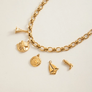 18K gold plated stainless steel necklace featuring Eiffel Tower and nautical charms