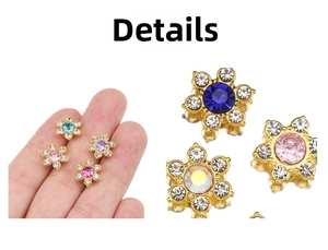 Detailed close-up of 13mm rhinestone flower charms with colorful crystals and gold metal base