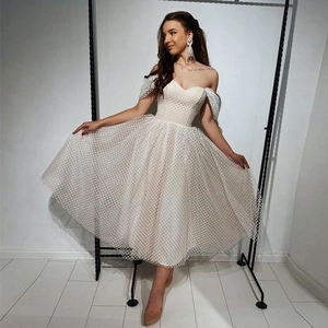 Polka Dot Mesh Wedding Dress Sweetheart Off-Shoulder Puff Sleeve A-Line Bridal Gown Women Cream White