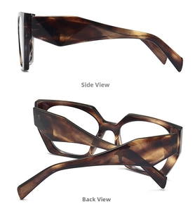 Detail view showing geometric side temples and brown tortoiseshell pattern frames