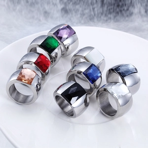 Stainless Steel Wide Band Ring With Emerald Cut Rectangular Glass Stone Simple Geometric Non Fading Jewelry For Women