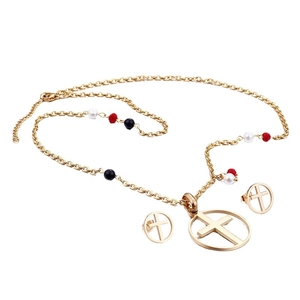 Fashionable gold necklace and earrings jewelry set with pearl cross pendants