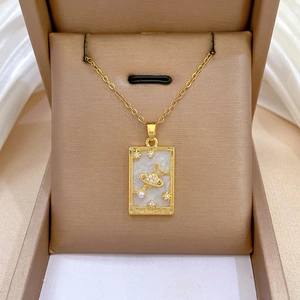 Tarot Card The World Pendant Necklace Stainless Steel Mother Of Artificial Pearl Celestial Moon Star Saturn Elegant Jewelry For Women
