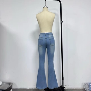 Back view of high waisted light blue flare jeans with stretch fabric on a mannequin