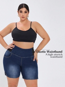 Detail of high-stretch elastic waistband on dark blue plus size denim shorts