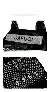Macro detail of rhinestone numbers and metallic logo badge on black patent leather backpack