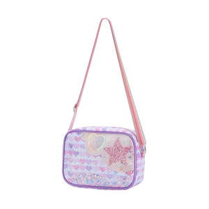 Detail of purple glitter star bag with heart pattern and rainbow strap for girls