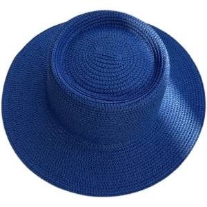 Cappello di paglia blu scuro a tesa larga con corona piatta per la protezione solare