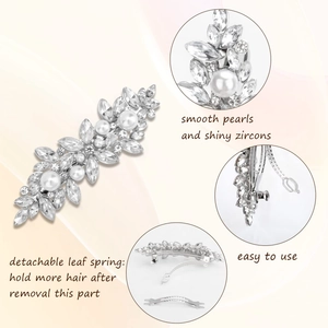 Silver hair clip with pearls and zircons featuring a detachable leaf spring mechanism