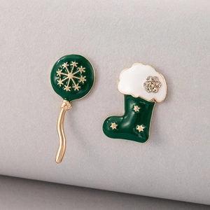 Asymmetric Christmas tree earrings with green balloon and festive sock designs