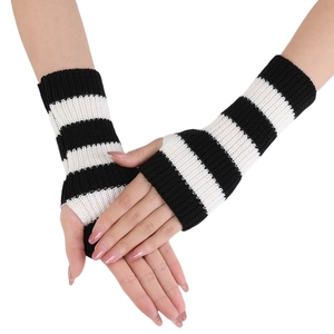 Short black and white striped knit fingerless arm warmers for autumn and winter wear