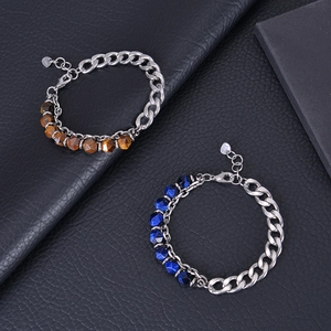Men's double-layer stainless steel Cuban chain bracelet with natural tiger eye stone beads