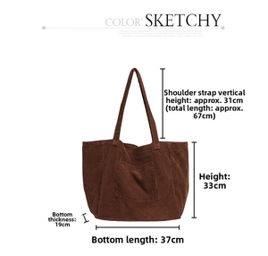 Detailed dimensions of the brown corduroy tote bag with strap height and body width