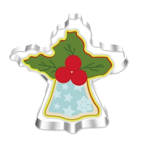 Detail of angel-shaped stainless steel cookie cutter with decorated holiday icing pattern