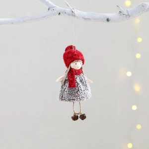 Handmade Christmas angel hanging doll with red hat and grey skirt with small bells