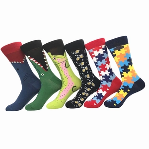 Trendy Cotton Blend Crew Socks For Men Women Cartoon Animal Shark Crocodile Geometric Jigsaw Pattern Breathable Casual Sport Socks