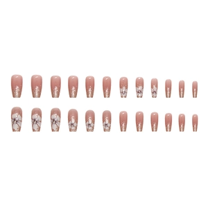 Medium long coffin press-on nails with nude pink glitter and white camellia flowers