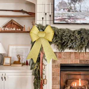 Golden glitter Christmas bow ornament for holiday wreaths and Christmas tree decoration