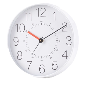 Minimalist 12 inch silent plastic wall clock with white frame and bold Arabic numerals