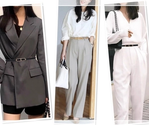 Three-way split view of slim leather belts styling with suits, shirts and dresses for women