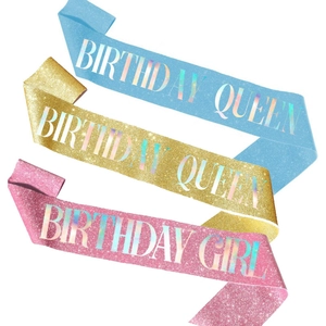 Glitter birthday queen and girl sashes in gold blue and pink for party decorations
