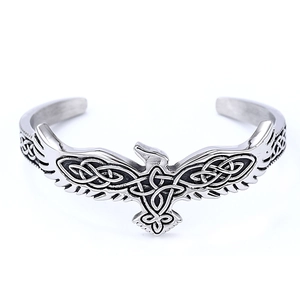 Silver stainless steel Viking eagle cuff bracelet with Celtic knot patterns and open C shape