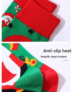 Close-up of anti-slip heel design on Christmas cotton socks with festive patterns