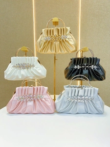 Elegant pleated satin evening clutch bags with crystal flowers and metal handles in five colors