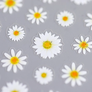 5D matte white daisy nail art stickers with yellow center and realistic fine texture