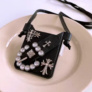 Gothic style black leather mini crossbody bag with silver crystal cross pendant charm
