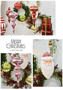 Detailed Christmas ornament set featuring Santa head, pink pendants, and red gift box motifs