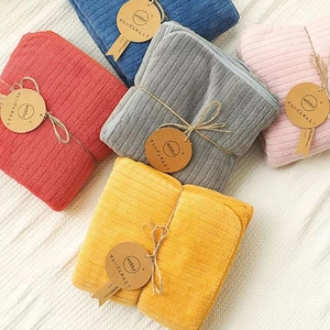 Thick coral fleece bath towel set in five colors with absorbent ribbed stripe texture