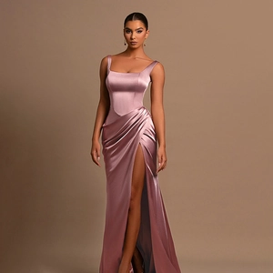 Elegant Satin Evening Dress Square Neck High Slit Sleeveless Ruched Slim Fit Formal Maxi Party Gown For Women
