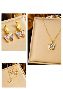 Detail view of gold butterfly jewelry set with iridescent gradient purple rhinestones