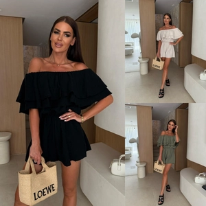 Women Off-The-Shoulder Ruffle Romper Jumpsuit Solid Color Elastic Waist Polyester Summer Vacation Elegant