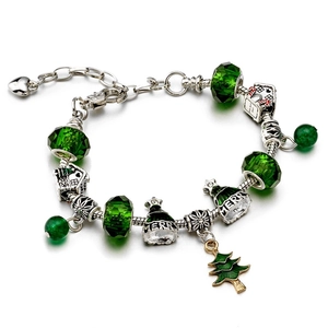 Christmas beaded bracelet with green glass beads and silver Santa tree charms