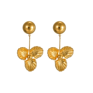 Elegant gold flower tassel earrings with three-petal design and textured metallic finish