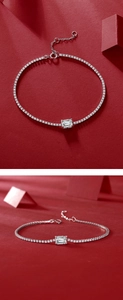 Macro detail of S925 silver bracelet featuring a square moissanite stone and paved diamonds