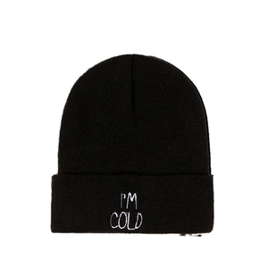 Simple black knitted beanie with I'M COLD embroidery for winter warmth and style
