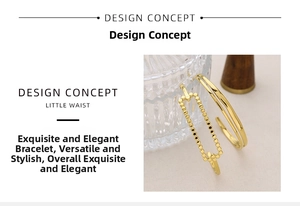 Detail of 18K gold plated minimalist open bangle with geometric beads and double lines