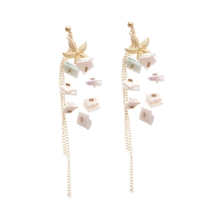Golden starfish tassel earrings with shell charms for beach vacation and resort style
