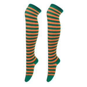 Detailed view of green and orange striped over-knee thigh high socks in soft knit fabric