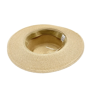 Detailed interior of beige straw hat featuring inner sweatband and 100% paper material label