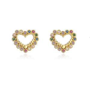 Elegant 18K gold plated heart stud earrings with multi-colored cubic zirconia stones