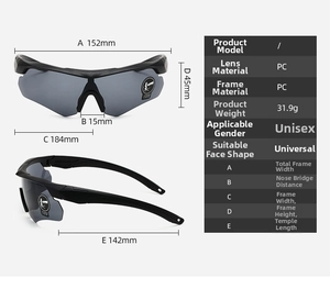 Detailed dimension chart showing size and specifications for tactical safety goggles
