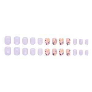 Lavender purple press-on nails set with floral art and gold foil accents, 24 pieces