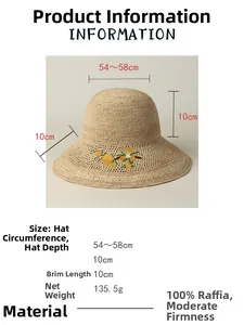 Size chart for raffia sun hat showing 10cm brim and 54-58cm circumference details