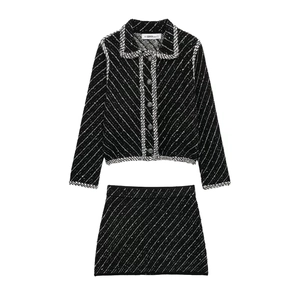 Women Jacket And Mini Skirt Tweed Knit Long Sleeve Lapel Braided Trim Black White Plaid Elegant Office Wear
