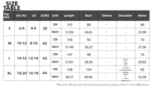 Detailed size chart for elegant halter maxi dress showing UK US and EU measurements