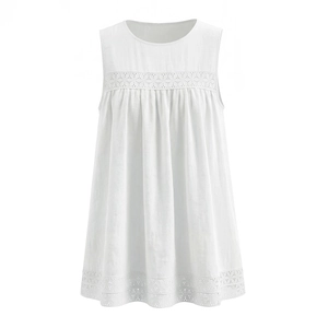 Damen Ärmelloses Mini Kleid Mit Rundhalsausschnitt Viskose Baumwolle Lochspitze Patchwork Lässige A-Linie Weiß